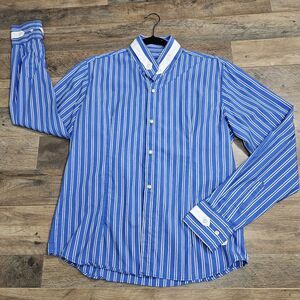 Umberto Zebra Shirt Mens Large Blue White Striped Long Sleeve Cotton Career